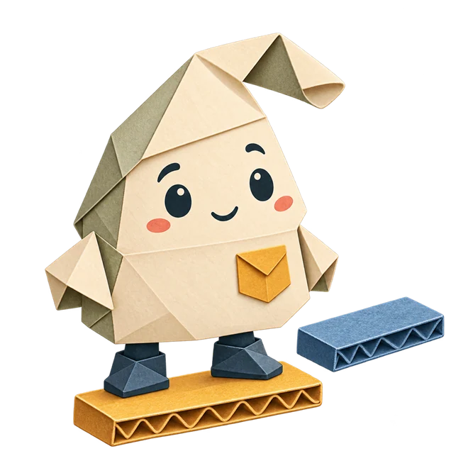 The smiling folded-paper explorer standing on a gold plank, with a blue plank ahead